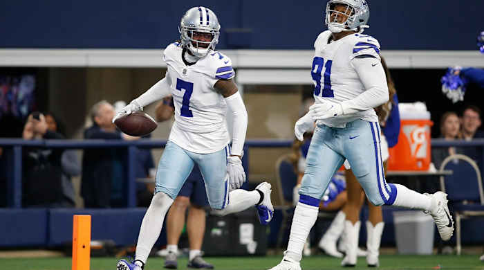 Nov 14, 2021; Arlington, Texas, USA; Dallas Cowboys cornerback Trevon Diggs (7) celebrates making an interception in the third quarter against the Atlanta Falcons at AT&T Stadium.