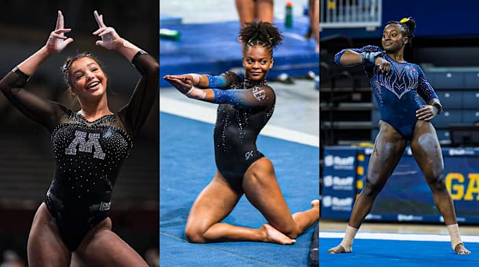 (From L to R) Minnesota's Mya Hooten, Florida's Trinity Thomas and Michigan's Gabby Wilson perform their floor routines.