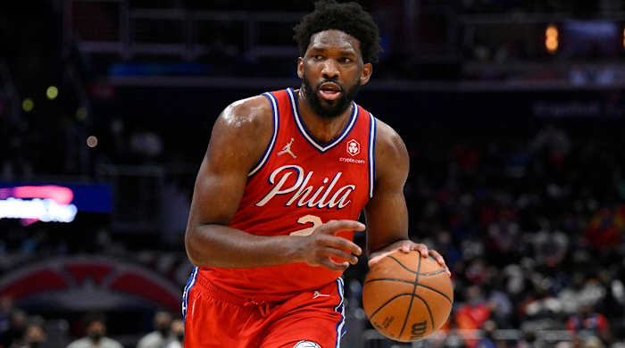 FILE - Philadelphia 76ers center Joel Embiid (21) in action during the second half of an NBA basketball game against the Washington Wizards, Monday, Jan. 17, 2022, in Washington. Embiid is putting his stamp on the 76ers season and has positioned himself into a true MVP candidate.