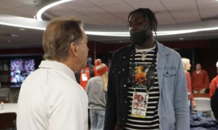 Class of 2023 recruit Yhonze Pierre meets with Alabama head coach Nick Saban.