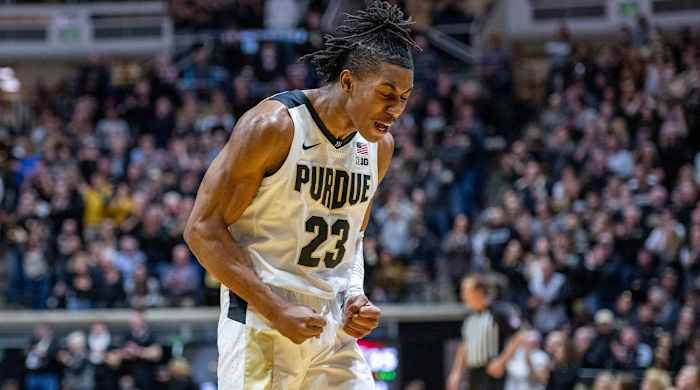 Purdue guard Jaden Ivey (23) reacts during the first half of an NCAA college basketball game against Rutgers, Sunday, Feb. 20, 2022, in West Lafayette, Ind.