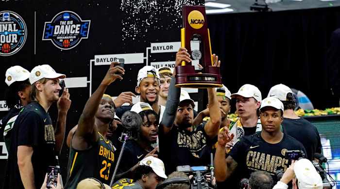 Apr 5, 2021; Indianapolis, IN, USA; The Baylor Bears celebrate after beating the Gonzaga Bulldogs in the national championship game during the Final Four of the 2021 NCAA Tournament at Lucas Oil Stadium.