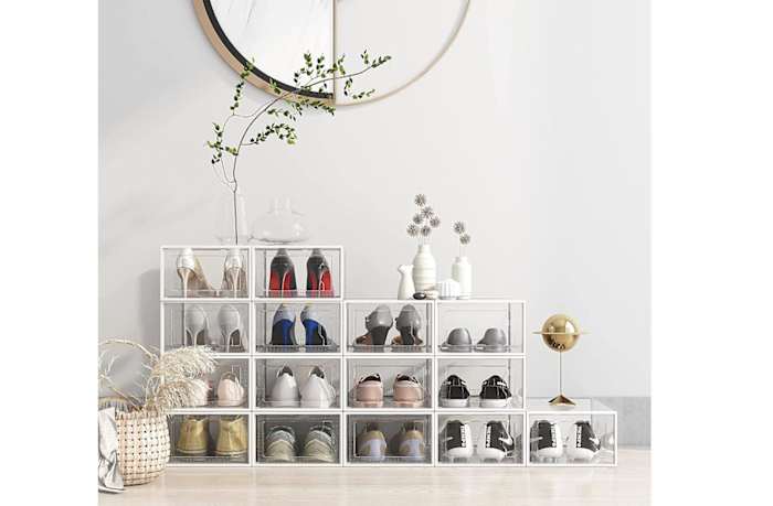 12 Pack Shoe Storage Box, Clear Plastic Stackable Shoe Organizer