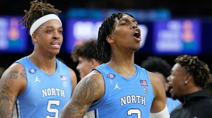 North Carolina’s Caleb Love (2) celebrates after North Carolina’s win against Duke in a college basketball game during the semifinal round of the Men’s Final Four NCAA tournament, Saturday, April 2, 2022, in New Orleans.