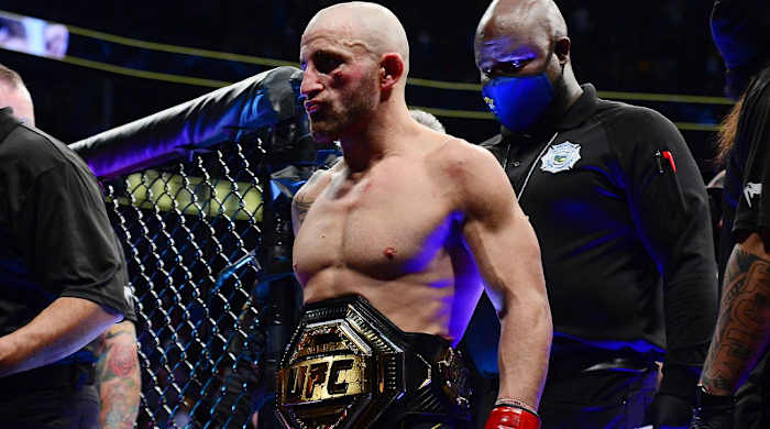 Sep 25, 2021; Las Vegas, Nevada, USA; Alexander Volkanovski reacts following his victory and title defense against Brian Ortega during UFC 266 at T-Mobile Arena.