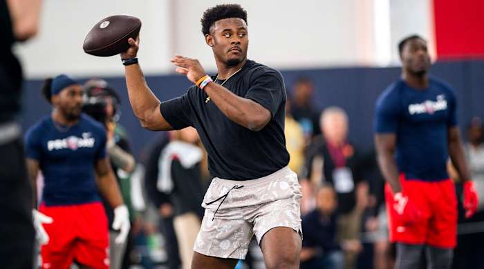 Liberty quarterback Malik Willis throws during the school’s pro football day for NFL scouts and coaches, Tuesday, March 22, 2022, in Lynchburg, Va.