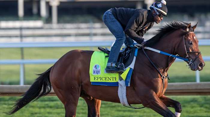 Kentucky Derby favorite Epicenter gallops in the morning at Churchill Downs. Epicenter is trained by Steve Asmussen.