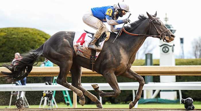 Zandon, with Flavien Prat up, wins the Blue Grass Stakes on Saturday, April 9, 2022, at Keeneland race course.