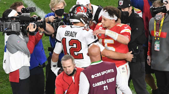 Feb 7, 2021; Tampa, FL, USA; Tampa Bay Buccaneers quarterback Tom Brady (12) greets Kansas City Chiefs quarterback Patrick Mahomes (15) after Super Bowl LV at Raymond James Stadium.