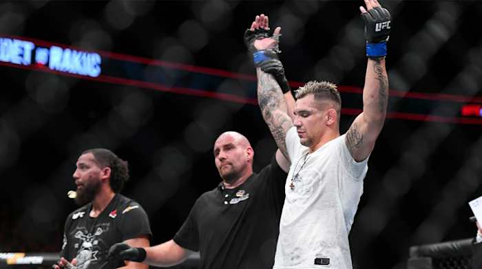 Jul 22, 2018; Hamburg,Germany; Justin Ledet (red gloves) fights Aleksander Rakic (blue gloves) during UFC Fight Night at BarclayCard Arena.