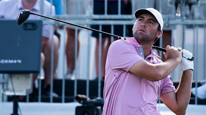 Scottie Scheffler tees off on the 13th hole during the second round of the AT&T Byron Nelson golf tournament in McKinney, Texas, on Friday, May 13, 2022.