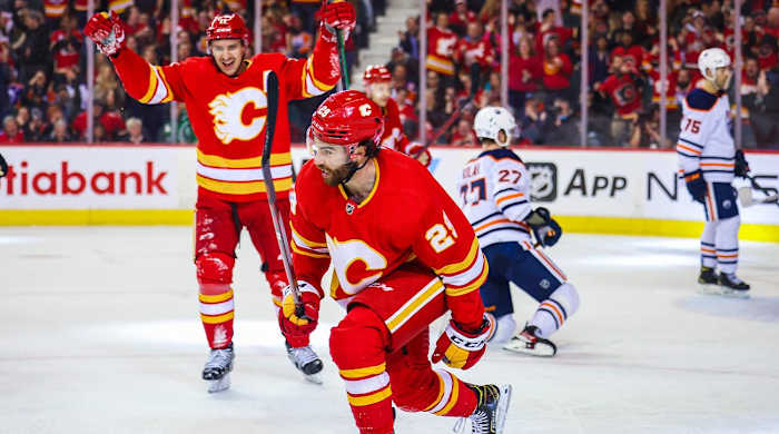 Mar 26, 2022; Calgary, Alberta, CAN; Calgary Flames center Dillon Dube (29) celebrates his goal against the Edmonton Oilers during the third period at Scotiabank Saddledome.