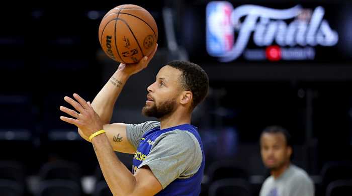 Golden State Warriors guard Stephen Curry shoots during NBA basketball practice in San Francisco, Wednesday, June 1, 2022. The Warriors are scheduled to host the Boston Celtics in Game 1 of the NBA Finals on Thursday.