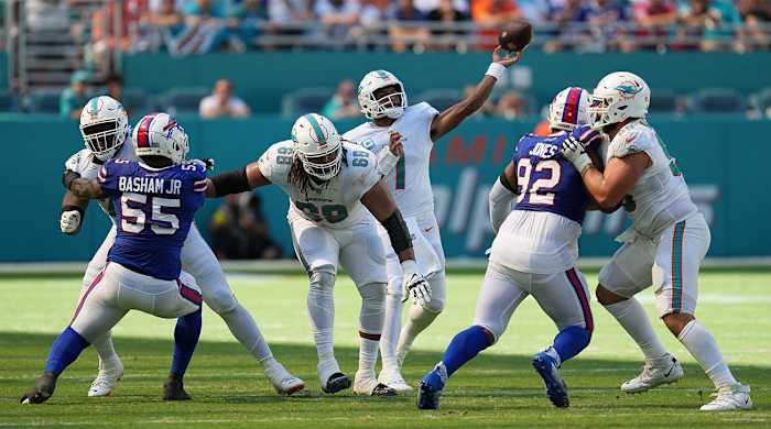Miami Dolphins quarterback Tua Tagovailoa (1) drops back to pass against the Buffalo Bills in the fourth quarter of an NFL game at Hard Rock Stadium in Miami Gardens, Sept. 25, 2022.