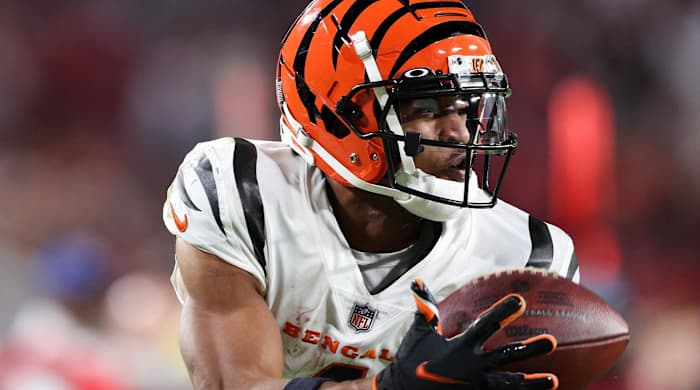 Dec 18, 2022; Tampa, Florida, USA; a pass to Cincinnati Bengals wide receiver Ja’Marr Chase (1) attempts to catch a pass during a game against the Tampa Bay Buccaneers in the third quarter at Raymond James Stadium.