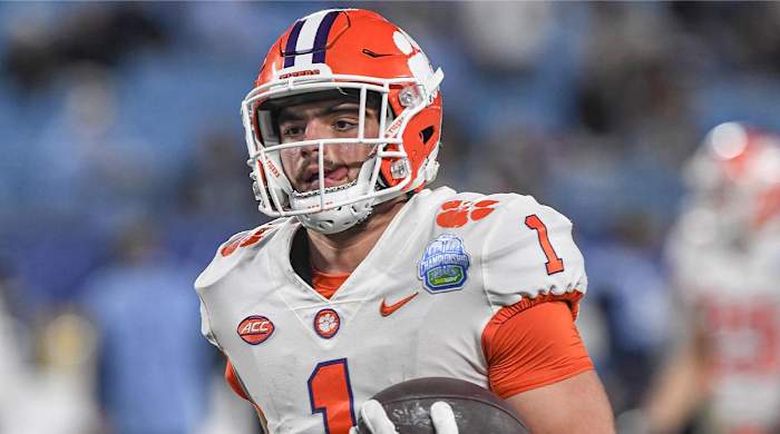 Clemson running back Will Shipley (1) warms up before the ACC Championship football game with North Carolina at Bank of America Stadium in Charlotte, North Carolina Saturday, Dec 3, 2022.