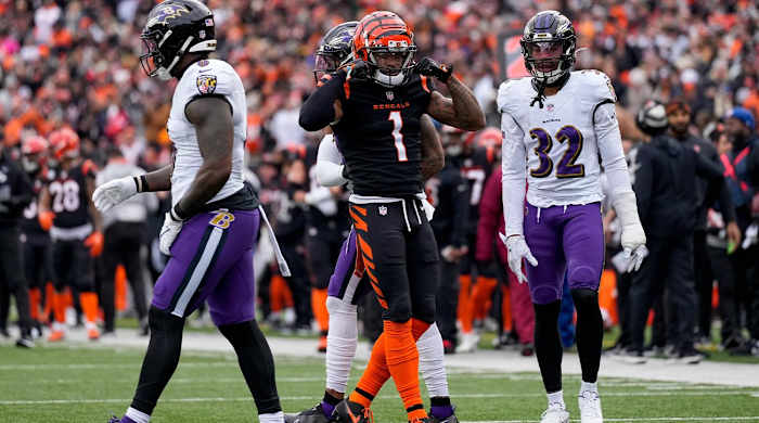 Cincinnati Bengals wide receiver Ja’Marr Chase (1) celebrates a first down reception in the first quarter of the NFL Week 18 game between the Cincinnati Bengals and the Baltimore Ravens at Paycor Stadium in downtown Cincinnati on Sunday, Jan. 8, 2023.