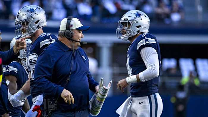 Oct 30, 2022; Arlington, Texas, USA; Dallas Cowboys head coach Mike McCarthy and quarterback Dak Prescott (4) celebrate a touchdown against the Chicago Bears during the first quarter at AT&T Stadium.