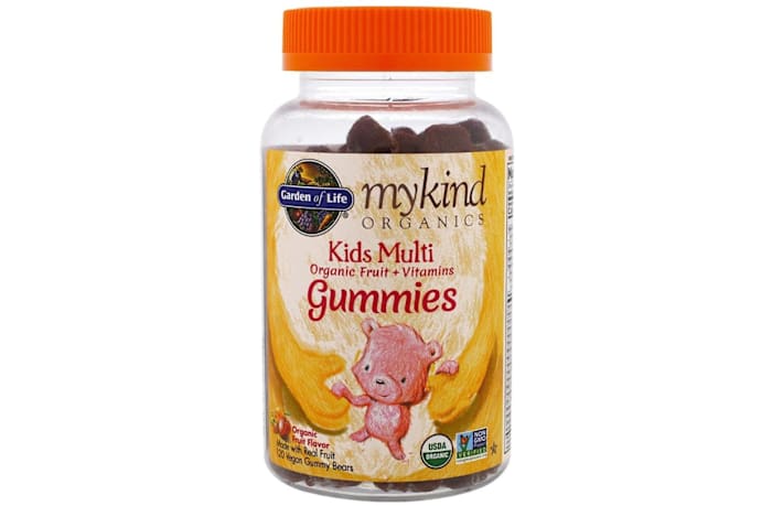 A bottle of mykind Organics Garden of Life Kids Multi gummies in Organic Fruit flavor against a white background.