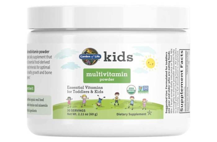 A white container of Garden of Life Kids Multivitamin Powder against a white background.