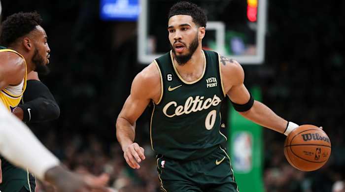 Jan 28, 2023; Boston, Massachusetts, USA; Boston Celtics forward Jayson Tatum (0) during the first half against the Los Angeles Lakers at TD Garden.