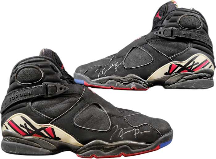 Side view of Michael Jordan's signed shoes.
