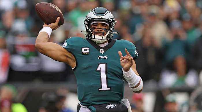 Jan 29, 2023; Philadelphia, Pennsylvania, USA; Philadelphia Eagles quarterback Jalen Hurts (1) throws a pass during the first quarter against the San Francisco 49ers in the NFC Championship game at Lincoln Financial Field.