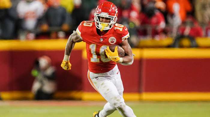 Jan 29, 2023; Kansas City, Missouri, USA; Kansas City Chiefs running back Isiah Pacheco (10) runs the ball during the second half of the AFC Championship game against the Cincinnati Bengals at GEHA Field at Arrowhead Stadium.