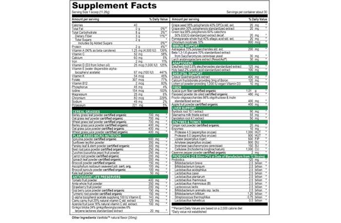 green vibrance nutrition label