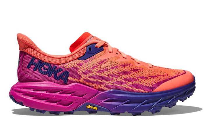 Orange, pink and purple HOKA women's speedgoat 5 running shoes
