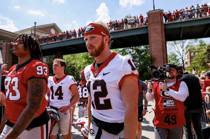 Brock Vandagriff participates in Georgia's Dawgwalk ahead of the team's annual G-Day game (Tony Walsh/UGAAA)