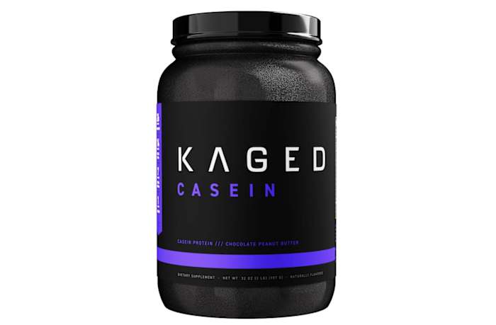 A container of Kaged Casein protein powder in Chocolate Peanut Butter flavor