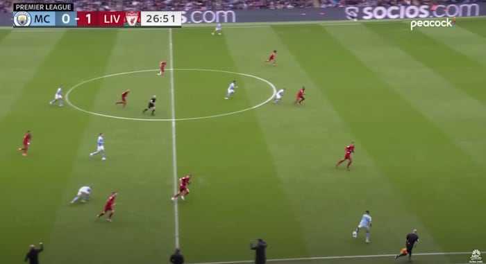 Man City’s Riyad Mahrez dribbles into space against Liverpool.