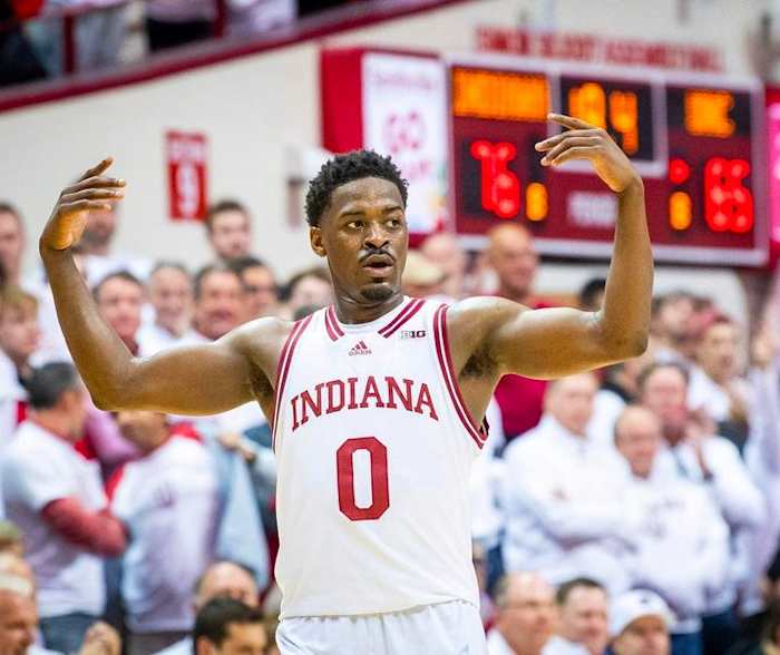 Indiana's Xavier Johnson (0) tries to get the crowd excited during the Indiana versus North Carolina men's basketball game at Simon Skjodt Assembly Hall on Wednesday, Nov. 30, 2022.