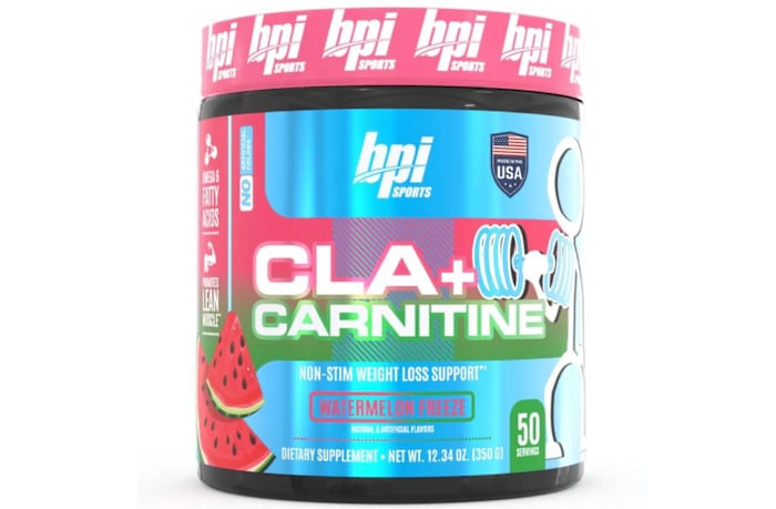 A pink and teal container of BPI Sports CLA + Carnitine supplement in Watermelon Freeze flavor