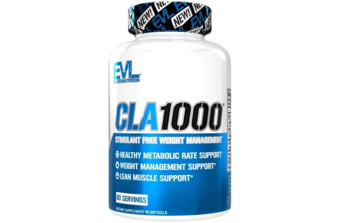 A white and blue bottle of Evlution Nutrition CLA1000 supplement