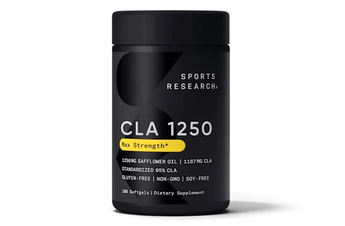 A black container of Sports Research CLA 1250 Max Strength supplement