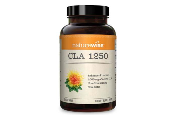 An amber and orange colored bottle of Naturewise CLA 1000 softgel supplement