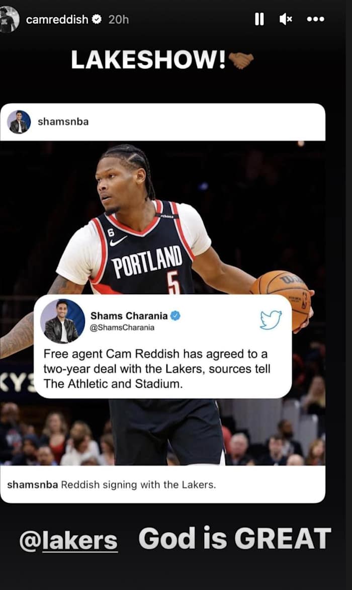 Cam Reddish's Instagram Story on Friday Night 