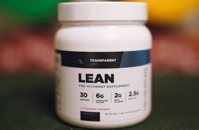 A 30-serving tub of Transparent Labs Lean Pre-Workout in Strawberry Lemonade flavor