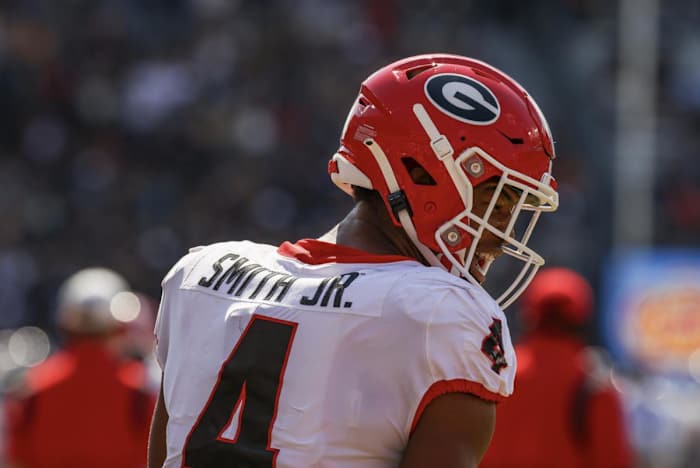 Georgia outside linebacker Nolan Smith during a game against Auburn at the Jordan-Hare Stadium in Auburn, AL., on Saturday, Oct. 9, 2021. (Photo by Mackenzie Miles)