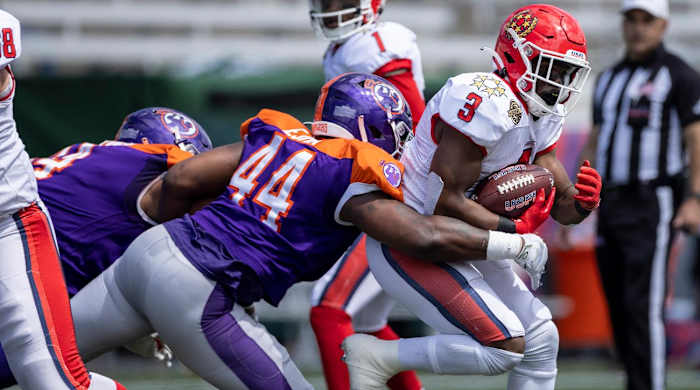 May 7, 2022; Birmingham, AL, USA; Pittsburgh Maulers linebacker EJ Ejiya (44) tackles New Jersey Generals running back Trey Williams (3) for a loss during the first half at Protective Stadium.