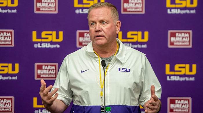 LSU football coach Brian Kelly speaks to media following the first spring practice under him on March 24.