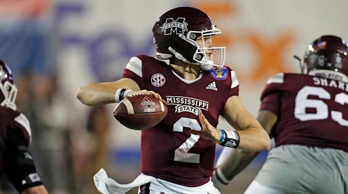 Dec 28, 2021; Memphis, TN, USA; Mississippi State Bulldogs quarterback Will Rogers (2) passes the ball during the second half against the Texas Tech Red Raiders at Liberty Bowl Stadium.