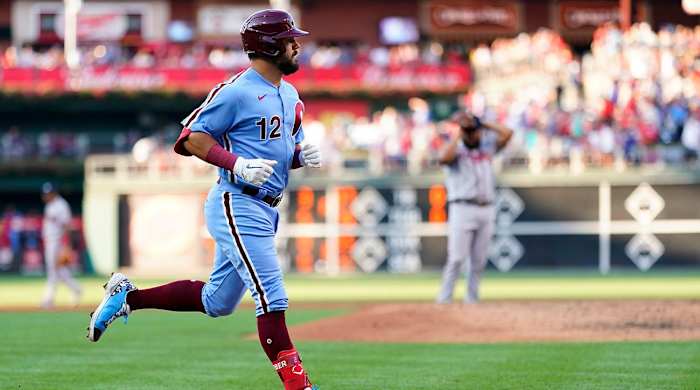 Philadelphia Phillies’ Kyle Schwarber, left, rounds the bases after hitting a three-run home run against Atlanta Braves pitcher Jesus Cruz during the fourth inning of a baseball game, Thursday, June 30, 2022, in Philadelphia.