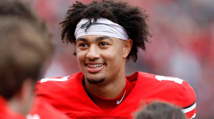 Apr 16, 2022; Columbus, Ohio, USA; Ohio State Buckeyes Scarlett wide receiver Jaxon Smith-Njigba (11) during the Annual Scarlett and Gray Spring game at Ohio Stadium.
