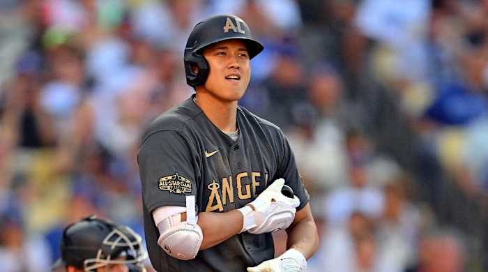 Jul 19, 2022; Los Angeles, California, USA; American League pitcher/designated hitter Shohei Ohtani (17) of the Los Angeles Angels reacts during his at bat against the National League during the third inning of the 2022 MLB All Star Game at Dodger Stadium.