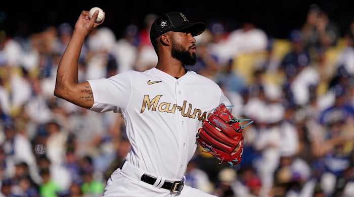 National League pitcher Sandy Alcantara, of the Miami Marlins, throws a pitch to the American League during the second inning of the MLB All-Star baseball game, Tuesday, July 19, 2022, in Los Angeles.