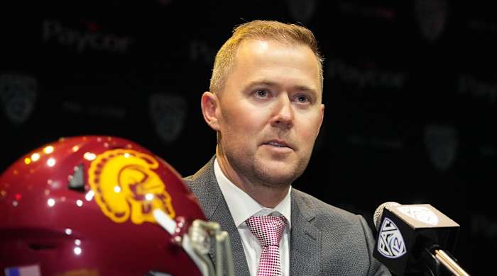 Jul 29, 2022; Los Angeles, CA, USA; Southern California Trojans coach Lincoln Riley speaks during Pac-12 Media Day at Novo Theater.