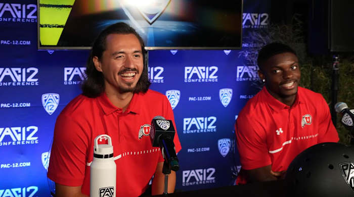 Jul 29, 2022; Los Angeles, CA, USA; Utah Utes quarterback Cameron Rising (left) and cornerback Clark Phillips III during Pac-12 Media Day at Novo Theater.